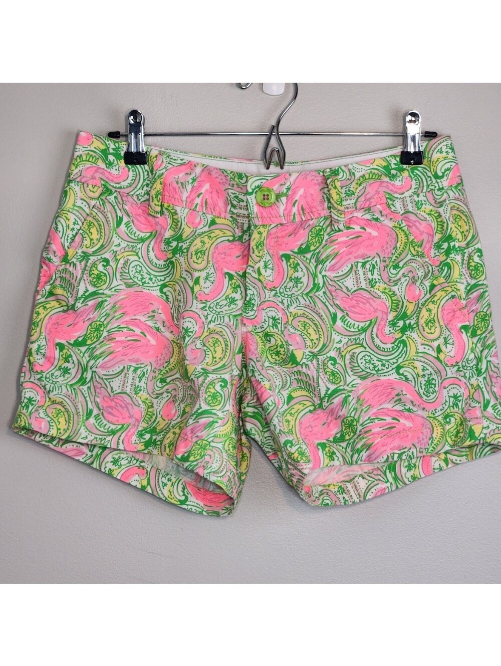 Lily Pulitzer  Pink & Green Cotton Callahan Shorts Sz 4 Flamingo Hot Wings